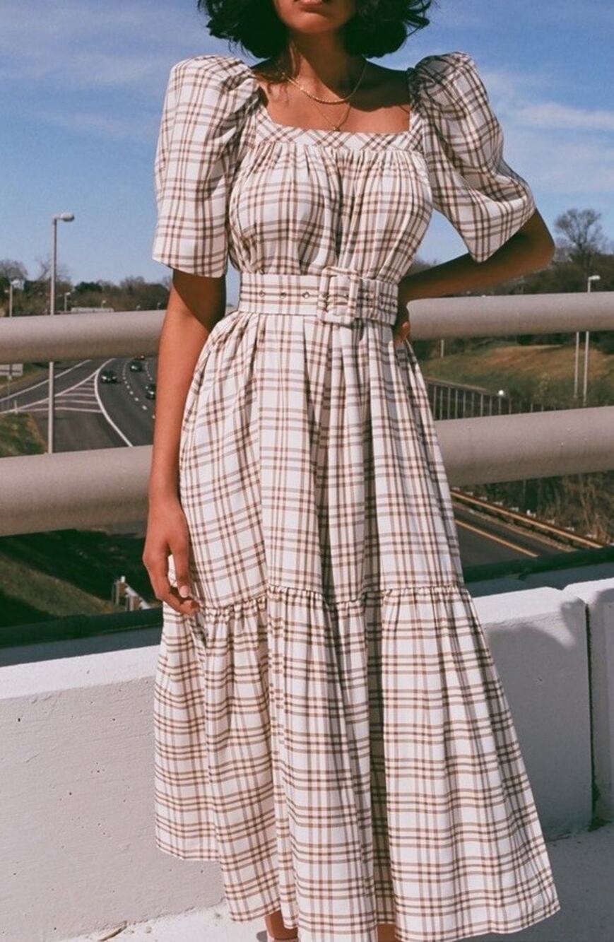 Mr. Larkin Ode Curtain Plaid Puff Sleeve Belted Midi Dress S Cottagecore